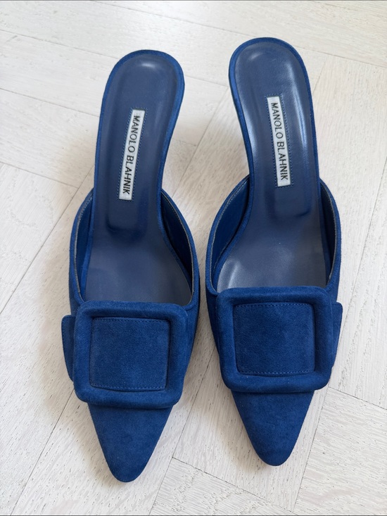 Manolo Blahnik Shoes - Manolo Blahnik Navy Suede Pointed Mule with Buckle Accent